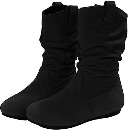 Botas de ante para mujer Tacón plano - Botines de caña corta Botas sin cordones Punta redonda Botas de media altura para mujer Botas clásicas de ante monocolor Elegantes Zapatos de noche, Negro , 39