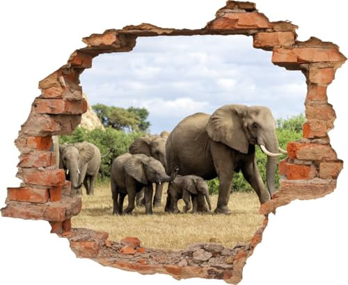 DesFoli Wandtattoo Elefanten Herde inf Afrika - verschiedene Rahmentypen DW000104 Farbe Roter Stein Quadratisch, Größe 85 cm x 70 cm