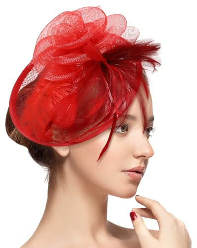 SINSEN Fascinator für Hochzeiten, Frauen, Feder-Blume, Netz, Fascinator, Hut, Stirnband mit Haarspange, Braut, Damen, Gäste, Hut für Party, Kirche, Cocktail, Abend, Abschlussball, rot, Einheitsgröße