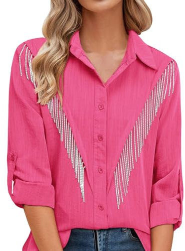 Women Rhinestone Fringe Shirts Button Down Casual Long Sleeve Glitter Party Shiny Lapel Top Summer and Autumn Tee Shirts for Ladies Casual Work Going Out and Party Tops (L) Hot Pink