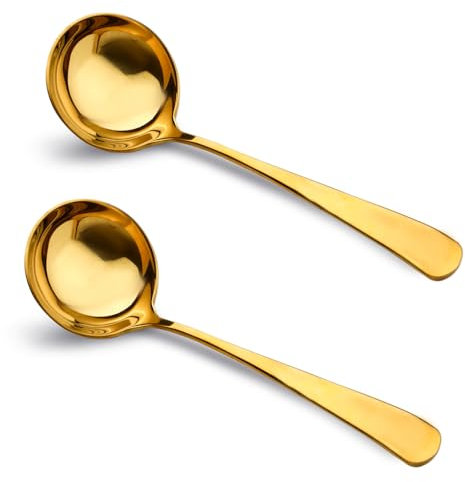 2 Pack Gold Stainless Steel Soup Ladle, 7.5 Small Metal Gravy Ladle Spoon, Kitchen Cooking Sauce Ladle for Spooning Serving (Gold)