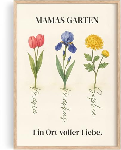 Tassenliebling® - Mama Poster personalisiert - Mamas Garten - Poster Blumen mit Namen – Muttertagsgeschenk mit Spruch – Geschenk für Mama – Wanddeko (A4, A3) mit oder ohne Rahmen - 3 Kinder