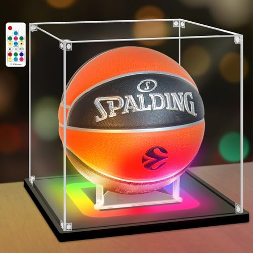 Nonemey Basketball Vitrine mit Bunten Led Licht, Acryl vitrine schaukasten Display case mit Ständer für volle Größe Basketball Sport Memorabilia Vitrine für Sammlerstücke(Schwarz, 27x27x27cm)