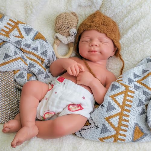 URMLHNRZ 18 Zoll lebensechte Reborn-Babypuppe aus Silikon (Junge-Hellbraun) | handgefertigter neugeborener Junge aus Silikon,Anatomisch korrektes schlafendes Neugeborenes