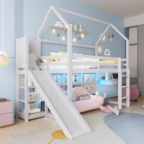 Rvjiahe Hochbett, 90 * 200 cm, mit LED Leiste, Hausform, Regale, Zaun, ohne Matratze, weiß