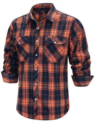 Wirltte Mens Shirts Long Sleeve Casual Flannel Checked Plaid Shirt Regular Fit Button Down Shirts with Pockets Orange XL