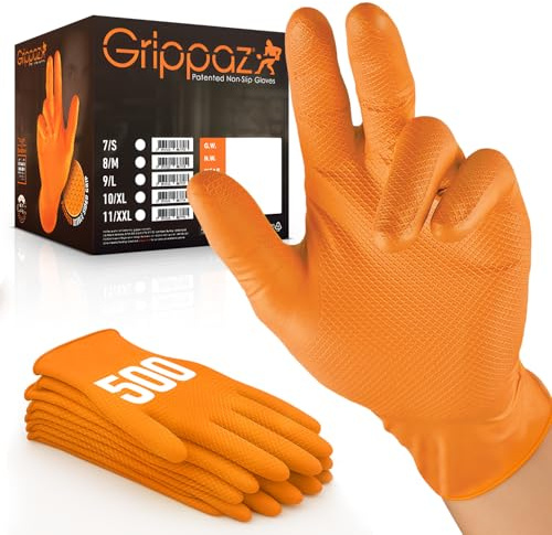 Nitrile Work Gloves Orange Medium Pack of 500 Non-Slip Grip Disposable | Textured finish for wet or oily handling, robust single use protection, latex free, for mechanics, industry and warehouses