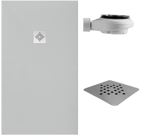 SoulHome Receveur de douche Résine 170x75 Gris Clair Grille Standard | Antidérapant C3, extra-plat, résine et charge minérale, texture pierre lisse, antibactérien, gel-coat, + bonde d'évacuation