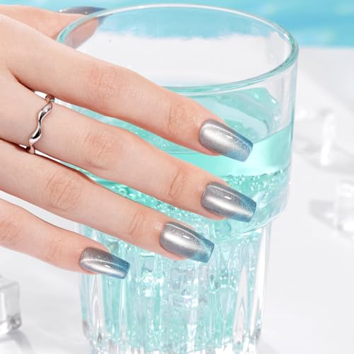 VSALON Faux Ongles à Presser Longs Coffin – Bleu Glacé Oeil de Chat Ombré, Translucide, Colle & Huile – 32 Pièces 16 Tailles