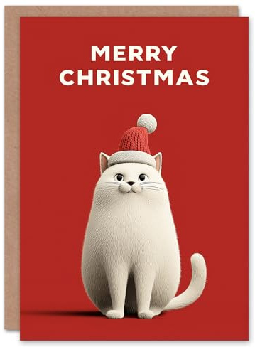 Artery8 Christmas Card White Cat Lover Cute Pet Wearing Santa Hat