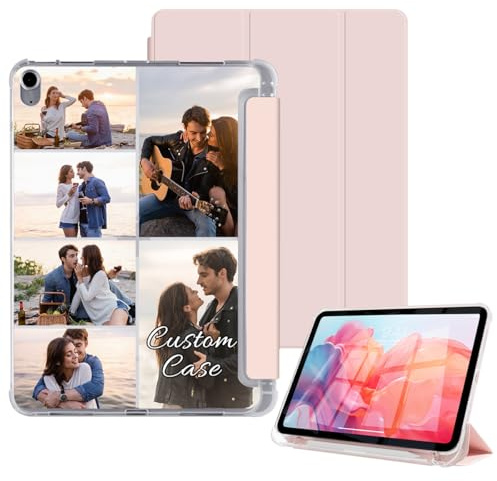 Personalized Photo Case for 10.9 inch iPad Air 5th 4th Generation 2022 2020 [Built-in Pencil Holder] Custom Collage Picture Text Flip Cover Kickstand Auto Wake/Sleep Trifold TPU Clear Back, Pink