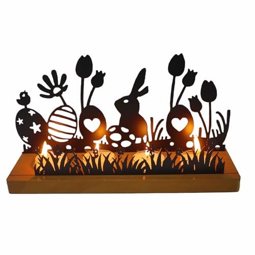 Oster Kerzenhalter aus Eisen und Holz 26x8X14cm Ornamente Teelichthalter | Osterdeko für 4 Teelicht, mit Osterhase Holz, Osterei, Blumen,Oster Tischdeko Frühlingsdeko Ostern Part, Ostergeschenke