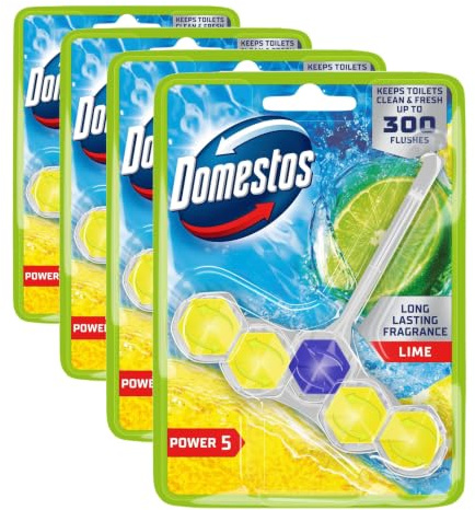 Domestos Power 5 Lime Toilet Rim Block toilet freshener with a long-lasting fragrance cleans and freshens for up to 300 flushes 50 g (Pack of 4)