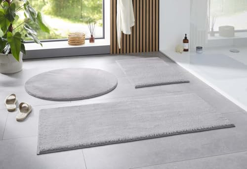 Taracarpet Badematte Uni Boho rutschfest, waschbar, Badezimmer-Teppich, Bad-Vorleger, WC Deko, Duschvorleger für Dusche und Badewannen weich und als Set kombinierbar New Grau 120 cm rund