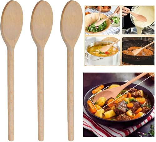 3 Set Wooden Spoons for Cooking, 12 Inch Long, Beech Wood, Oval Mixing Spoons for Baking and Stirring, Natural Beechwood, Set of 3