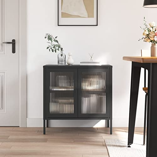 Foknhdi Buffet noir avec verre ondulé 70 x 35 x 70 cm en acier - Design moderne avec étagère réglable en hauteur et nivelleurs pour salon, couloir et chambre à coucher