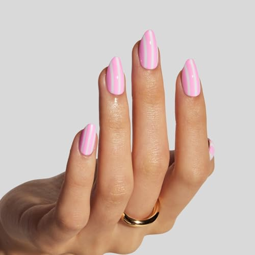 LAMIMOSA 32Pcs Striped Press On Nails Short Almond – Pink False Nails with Glue, Soft Gel Stick On Nails in 16 Sizes, Reusable Fake Nails Kit, Spring Summer Holiday Glue On Nails, CANDY STRIPES