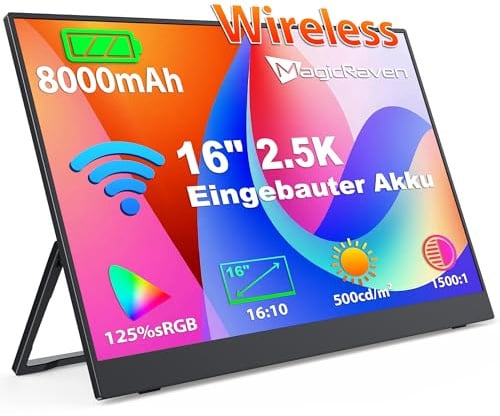 16 2.5K Monitor Portatile Wireless (WiFi), 2560×1600 Schermo Portatile Batteria Integrata（8000mAh), Monitor Portatil Senza Fili (16:10), Supporto AirPlay/Miracast, per Laptop/PC/Mac/Telefono/Tablet