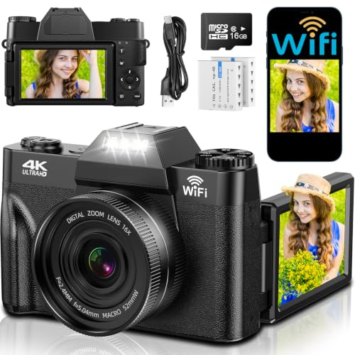 4K 75MP Digital Camera with WIFI, 32GB Card & 2 1500mAh Batteries | 3“ 180° Flip Screen, 16X Digital Zoom UHD Autofocus Compact Cameras, 18 Filters Vlogging Camera for Beginners Teenagers