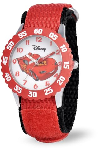 Disney Kids' W001003 Time Teacher Cars Lightning McQueen Stainless Steel Watch with Red Nylon Strap