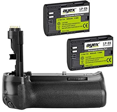 ayex Battery grip compatible with Canon EOS 70D, 80D and 90D including 2x ayex LP-E6 batteries (similar to BG-E14)