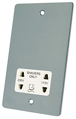 AET FSCSHAWH 115 V/230 V 2-Gang Satin Chrome Flat Insert Dual Voltage Shaver Socket - White