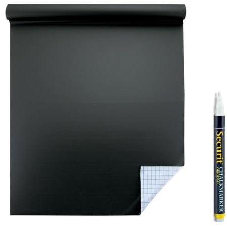 SECURIT - Rotolo da Lavagna Autoadesiva - Per Pennarelli a Gesso Liquido - Per Bar, Ristoranti, Pub, Negozi- 1 Pennarello a Gesso Liquido Incluso - 100x45cm - Colore Nero