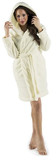 CelinaTex Korfu Damen Bademantel mit Kapuze XL natur Sherpa Fleece Morgenmantel kurz Saunamantel
