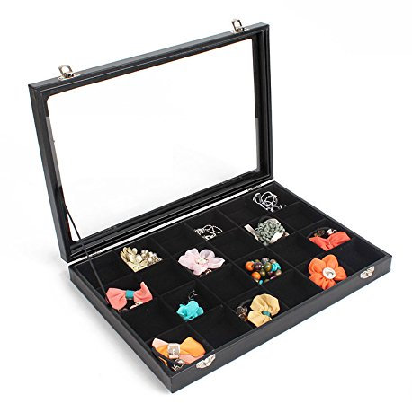 Sinoba Schmucklade Schmuckkasten Schaukasten Schmuckdisplay mit Glasdeckel (24 Fächer)