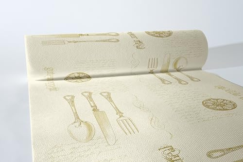 Sovie HORECA Tischläufer Elisabeth Gold-Champagner, 40 cm x 24 m Rolle aus Linclass® Airlaid, alle 120 cm perforiert, Design mit goldfarbenem Besteck & Schriftzug „Guten Appetit“ & „Enjoy Your Meal“