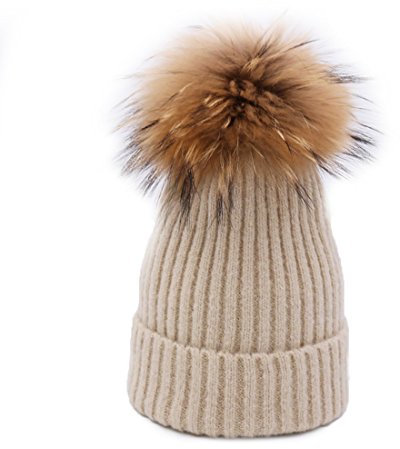 BeFur Frauen Bommelmütze Zopfmuster Pudelmütze Wintermütze Pelzmütze Fellbommel - Beige