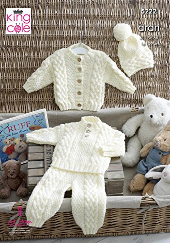 King Cole 5222 Strickmuster Baby Pullover Cardigan Hose und Mütze in Komfort Aran