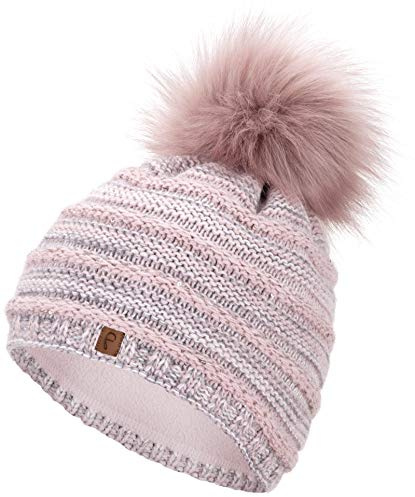 Faera Wintermütze Mütze Damen Pailletten warm gefüttert Bommelmütze Fleecefutter Winter Mädchen Strickmütze Beanie Weihnachten 36
