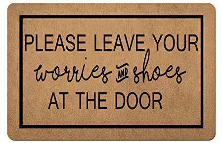 Doormat Funny Front Door Mat- Please Leave Your Worries and Shoes at The Door Door Mat Rubber Non Slip Backing Funny Doormat for Outdoor/Indoor Uses 23.6(W) X 15.7(L)