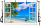 MEHOFOND 2,1 x 1,5 m Meereslandschaft Fenster Hintergrund Familie Tapete Meer Landschaft Sand Strand mit Palme blauer Himmel Foto Hintergrund Wandkunst Dekorationen Banner Foto Requisiten Studio