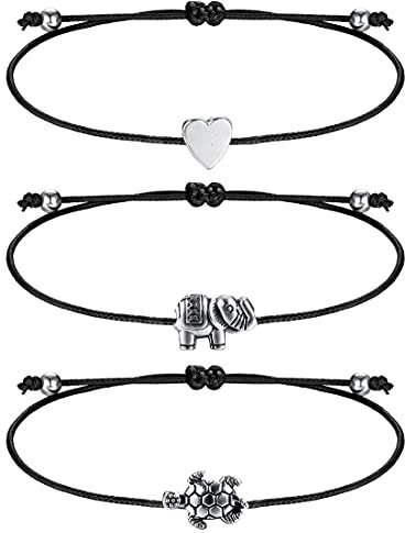 Milacolato 3Pcs Fußkettchen für Damen Leder Herz Elefanten Schildkröten Ketten Strand Einstellbare Schwarze Fußkettchen Fußschmuck Sets für Frauen