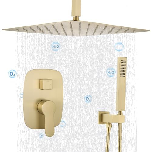 Delnet Rain Shower System Brushed Gold 16 Inch Ceiling Mounted Rainfall Shower Head System Concealed Shower Mixer Set
