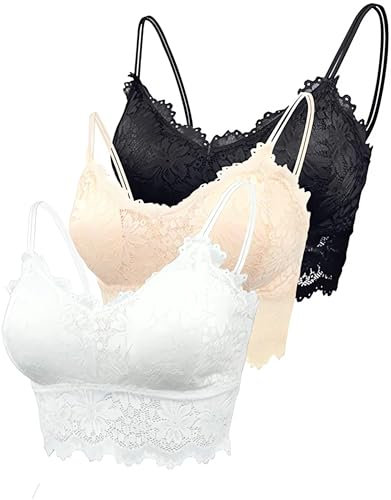 Leezepro Damen BH 3er Pack Ohne Bügel Push up Crop Top Sexy Bustier Spitze BH Set Sport BH für Alltag Yoga Fitness(Schwarz-Weiß-Haut,S)