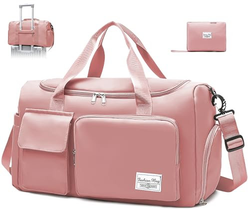 Hoseay Sporttasche Damen Reisetasche mit Schuhfach und Nassfach Groß Gym Bag Faltbar Schwimmtasche Wasserdicht Trainingstasche Leicht Duffel Bag für Sport Fitness Reisen, Rosa