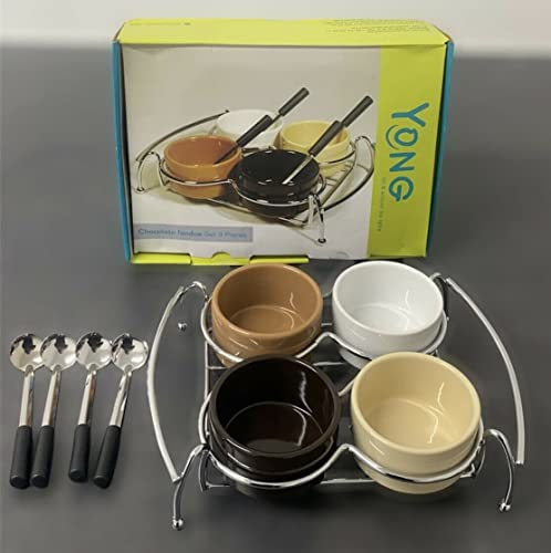 EZ Pack 4 Bowl Ceramic Chocolate or Cheese Fondue Set with Chrome Stand and 4 Spoons