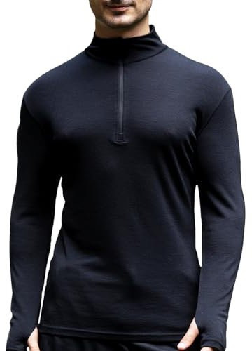 Merino Protect Merino Wool Base Layer Mens Soft Quarter Zip Pullover Sweaters Heavyweight Long Sleeve Shirt Hiking Hunting Black
