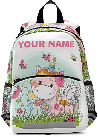 Personalisierter Kinder-Rucksack für Jungen und Mädchen, niedliches Cartoon-Einhorn auf einer Wiese, Rucksack, Kindergarten, Vorschule, Kindergarten, Reisetasche, mehrfarbig, M