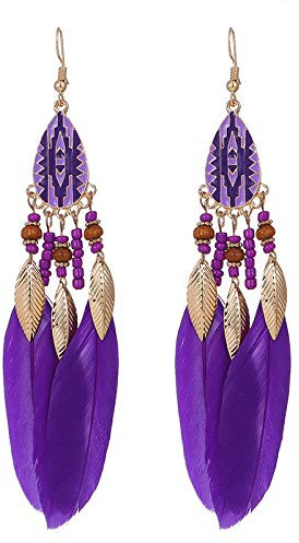 Teardrop Long Earrings, Federohrringe Ethnic Long Feather Fringe Earrings,Violett