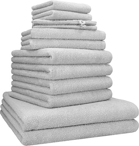 Betz 12 TLG. Handtuch Set Berlin 100% Baumwolle Liegetücher, Handtücher, Gästetücher, Seiftücher und Waschhandschuhe Farbe Silbergrau