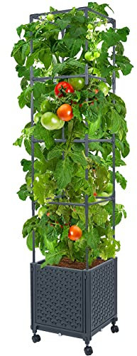Linex Jardinière Mobile avec Treillis Auto-arrosage pour Vigne, Plantes grimpantes, Fleurs, tomates, Cage pour intérieur et extérieur, Balcon, terrasse, Cour, 31,5 x 31,5 x 144 cm.