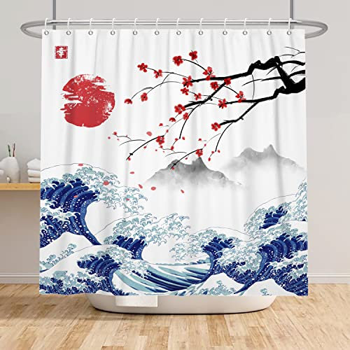 SDOTPMT 165x180cm Rideau de Douche Mont Fuji Japon Sakura Sunset Asie à l'Encre Paysage Ondulé Peinture Baignoire Salle de Bain Décoration Tissu Crochet Imperméable