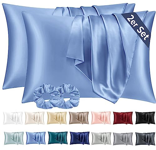 Vielit 2er Set Satin Kissenbezug 50x80 Blau, Weich wie Seidenkissenbezug,Bessere Pflege als Silk Pillosecase,Satin Kopfkissenbezug 50x80 Kissenhülle für Haar und Haut mit 2 Haargummis
