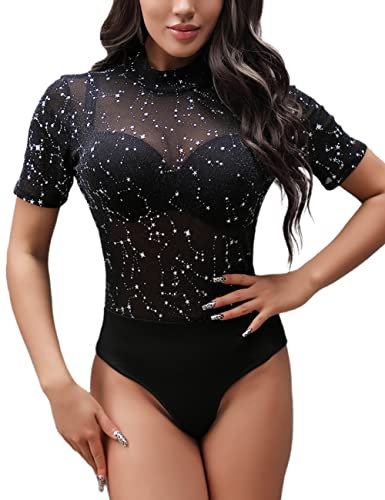 MAYFASEY Women Floral Printed Mesh Bodysuits Short Sleeve Mock Neck Bodysuit Leotard Tops, Black, XL
