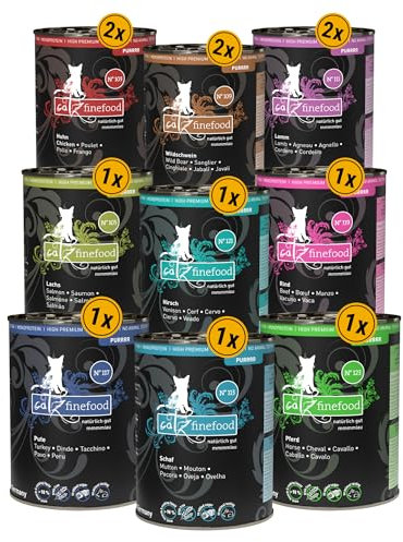catz finefood Purrrr Collection Mix-Paket Katzenfutter nass - Monoprotein Feinkost Nassfutter für Ihre Katze getreidefrei, zuckerfrei, hypoallergen mit hohem Fleischanteil, 12 x 400g Dosen