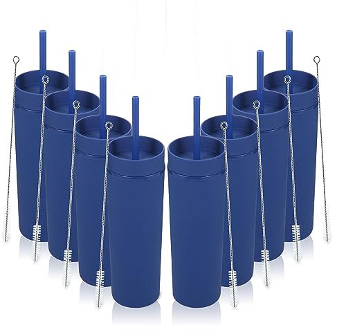 Volhoply 16oz Tumbler with Lid and Straw 8 Pack,Double Wall Plastic Skinny Tumblers Bulk,480ML Reusable Cute Coffee Mug,BPA Free Matte Acrylic Water Cups with Straw for Parties,DIY Gifts(Navy,8 Set